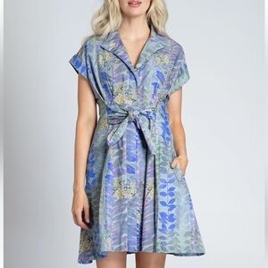 APNY Vertical Leaves Print Tie-Waist Women's Shirt Dress Blue Gray Large